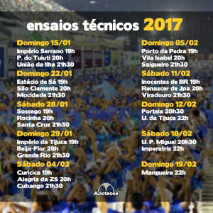 Divulgado o calendário dos ensaios técnicos para o carnaval 2017